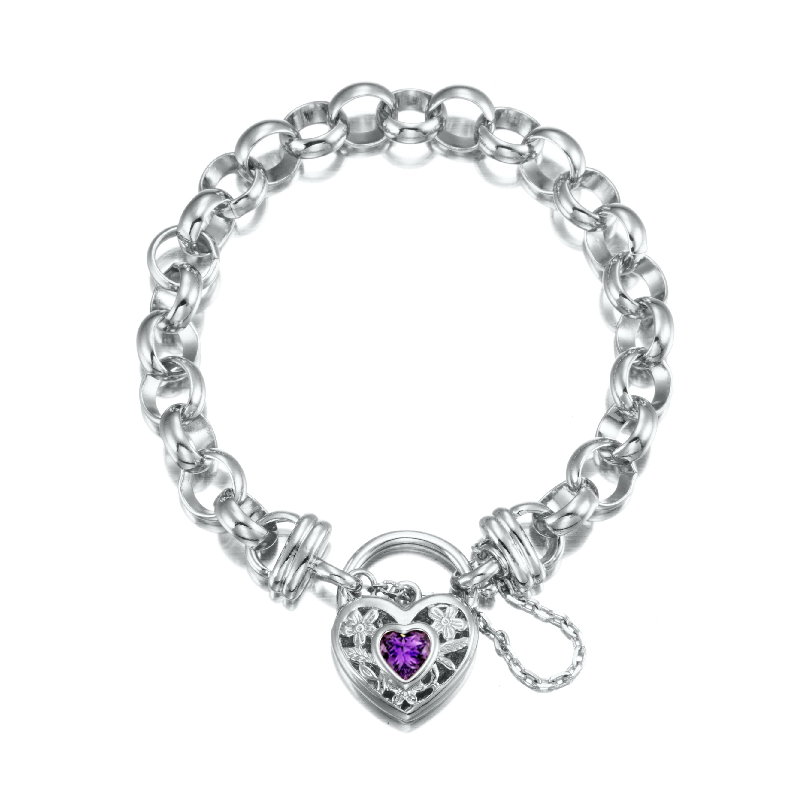 925 Sterling Silver Plated 10mm Belcher Chain Bracelet with a Purple Filigree Locket - USA Made-0